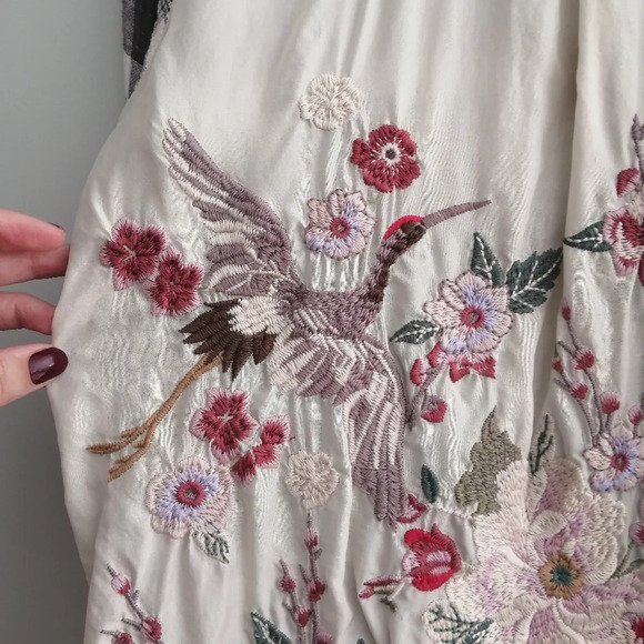 Johnny Was Hisako Embroidered Silk Button Blouse XS Plaid Japanese Floral Bird - Picture 9 of 17